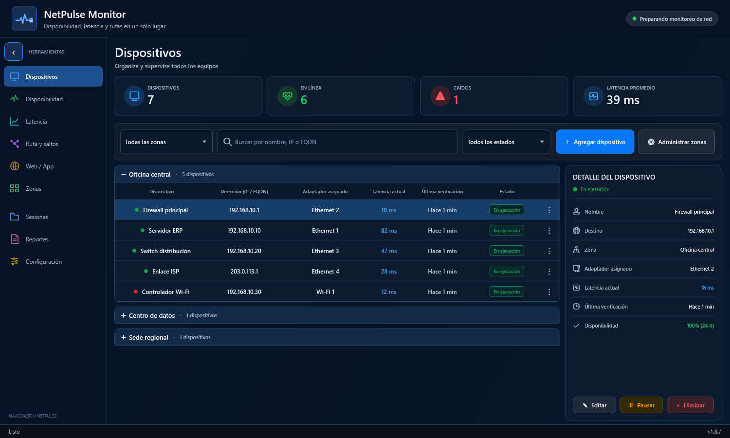 NetPulse Monitor 1.8.7 devices view